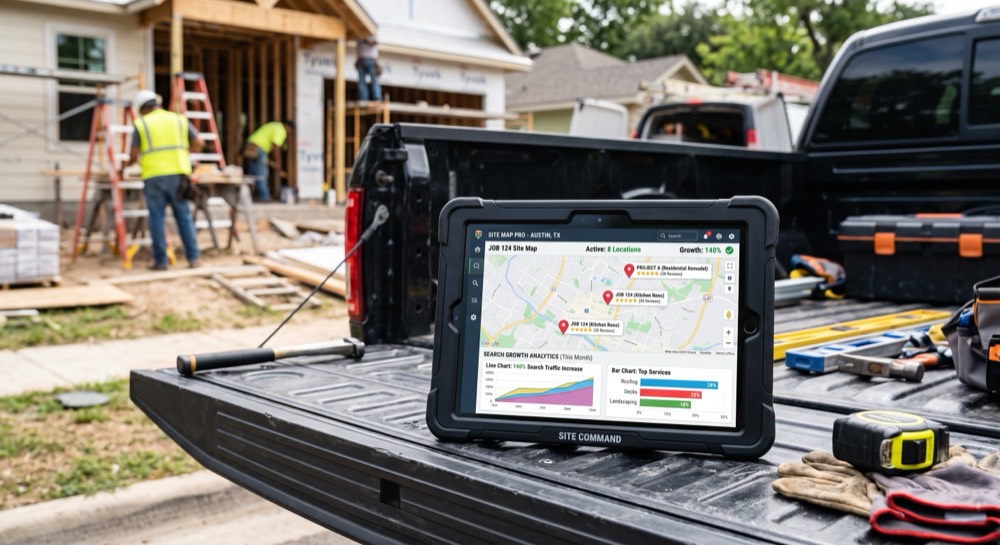 Tablet on a truck tailgate showing local map rankings and service-area performance