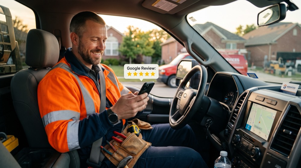 Service technician in his truck reading a new five-star Google review on his phone